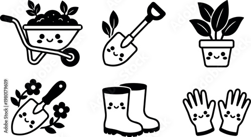 Cute black and white gardening tools wheelbarrow shovel gloves boots and potted plant vector art
