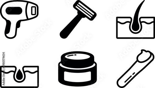 Black and white hair removal laser device with razor cream and skin icons