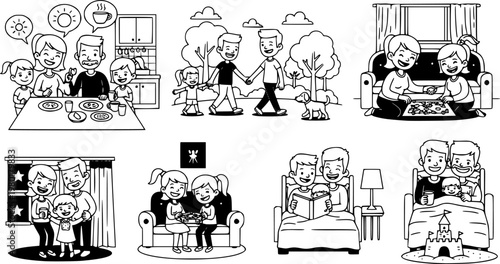 Caucasian family daily activities: cooking, walking, and quality time together with children
