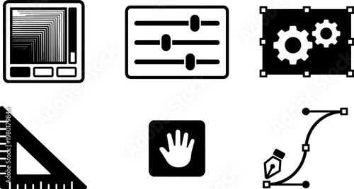Black and white vector icons of design tools including ruler slider gear hand pen nib
