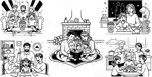 Caucasian family daily activities: cooking, walking, and quality time together with children
