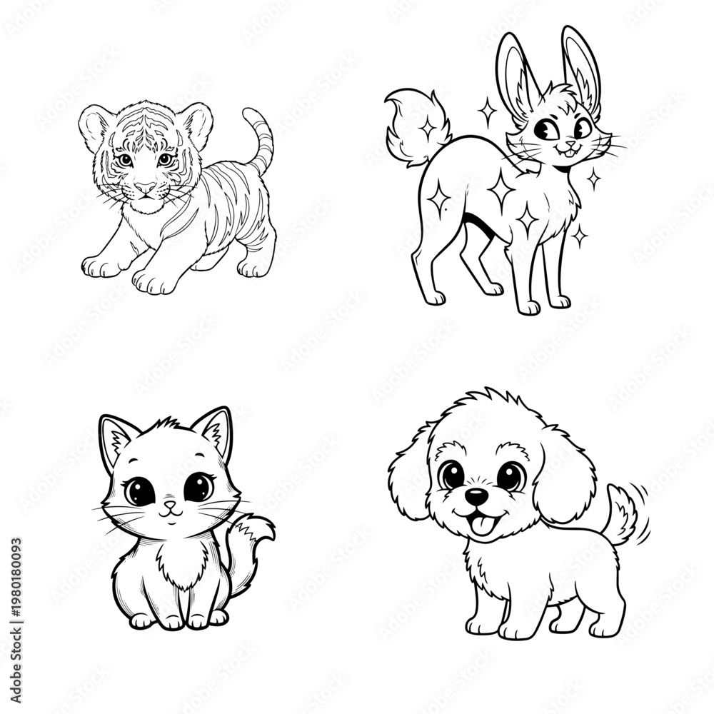 Obraz premium Cute vector illustration of a tiger cub, bunny, kitten, and puppy for animal lovers and children