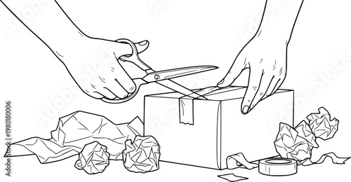 Unboxing surprise gift: hands opening box with scissors, tape, and papers
