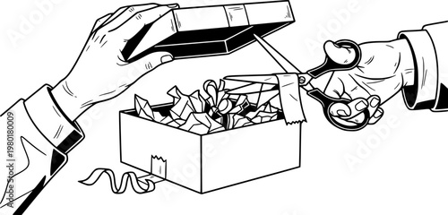 Unboxing surprise gift: hands opening box with scissors, tape, and papers
