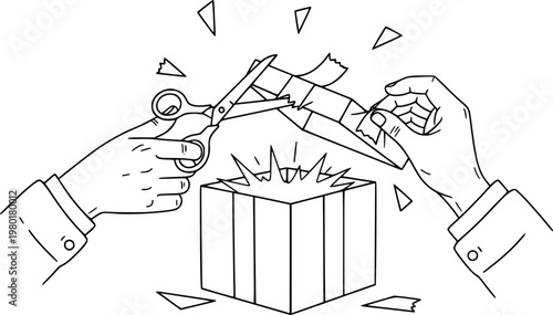 Unboxing surprise gift: hands opening box with scissors, tape, and papers
