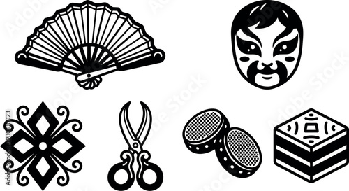 Traditional chinese elements including opera mask fan and scissors