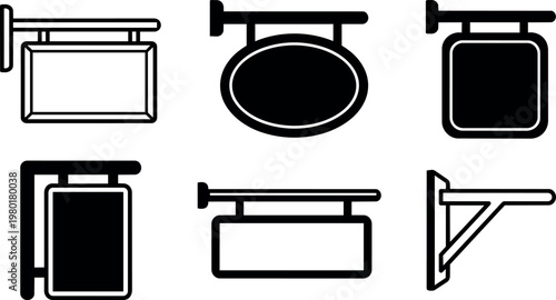 Black and white shop signboard icons in various rectangular and oval shapes