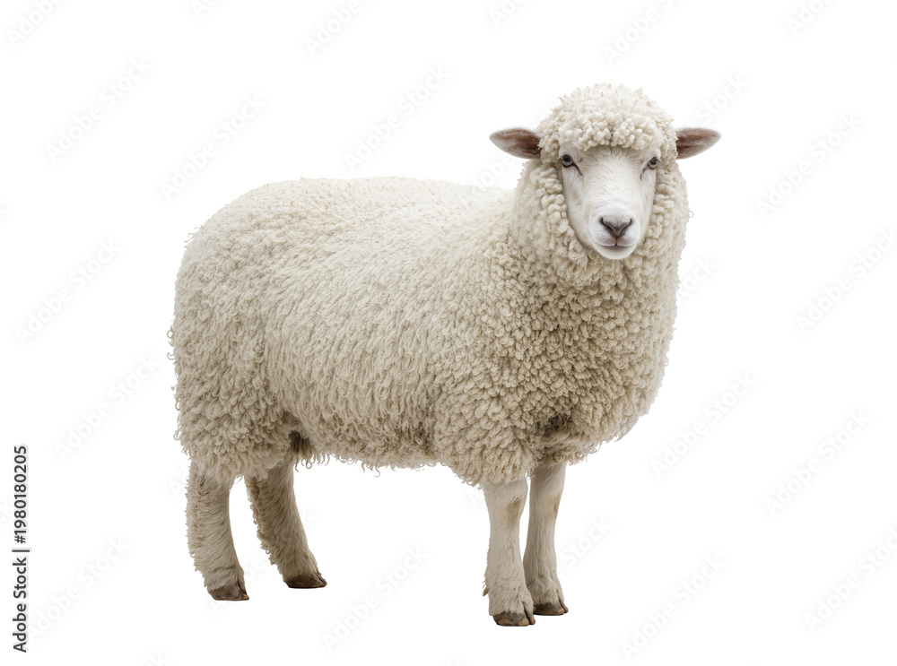 Fototapeta premium Isolated adorable fluffy white sheep standing, full body, with dense wool, farm animal