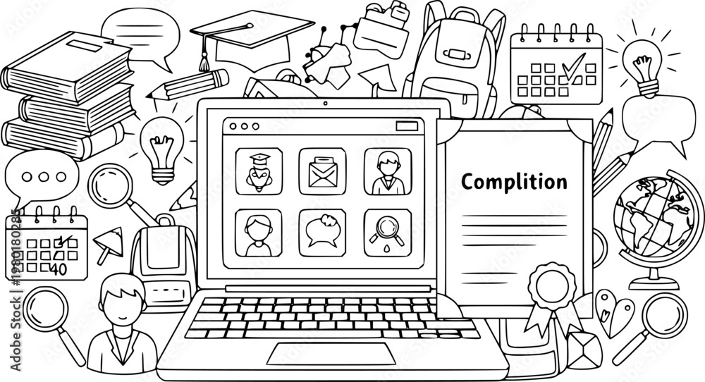 Fototapeta premium Online learning doodle concept with laptop, education icons, and certificate elements 