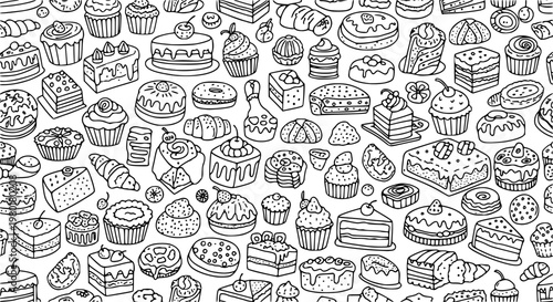Hand-drawn black and white baking desserts pattern with cakes and sweets

