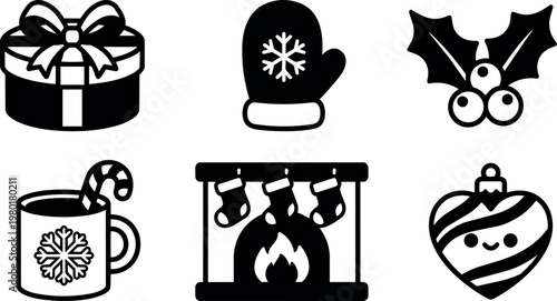 Black and white christmas mitten present holly cup fireplace and ornament vector icons