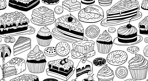 Hand-drawn black and white baking desserts pattern with cakes and sweets
