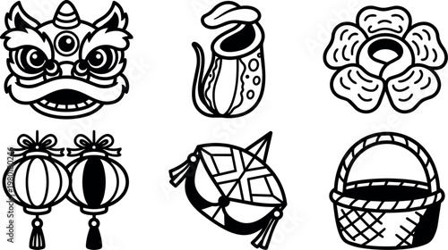 Black and white chinese dragon head lantern pitcher flower mask and basket line art