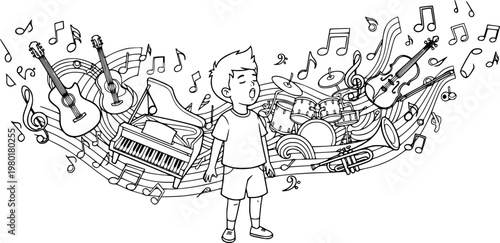 Child singing in musical doodle with instruments and notes
