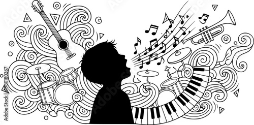 Child singing in musical doodle with instruments and notes
