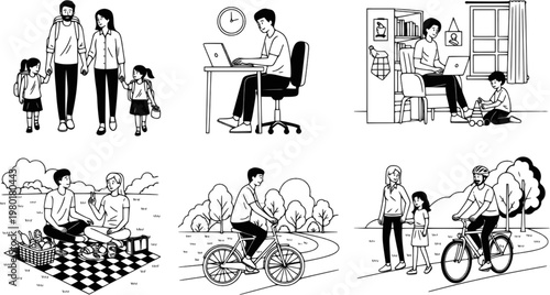 Illustrated family life scenes in black and white with children and parents engaging in various daily activities
