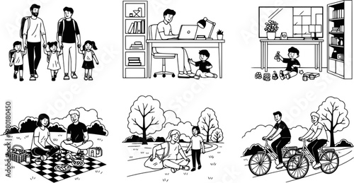 Illustrated family life scenes in black and white with children and parents engaging in various daily activities
