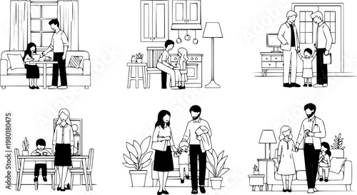 Illustrated family life scenes in black and white with children and parents engaging in various daily activities
