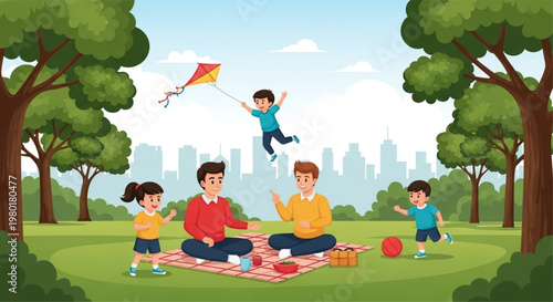 Illustrated family life scenes in black and white with children and parents engaging in various daily activities
