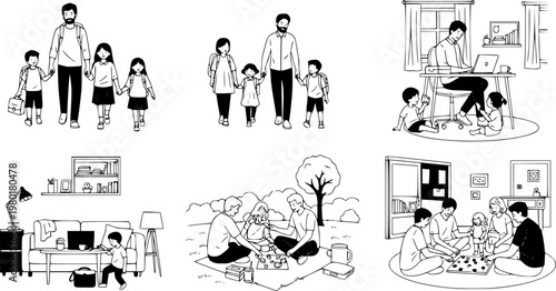 Daily routine of a family with children illustrated in black and white
