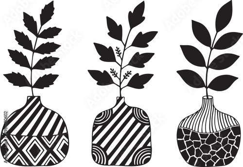 Hand drawn black and white illustration of three patterned vases with botanical leaf stems