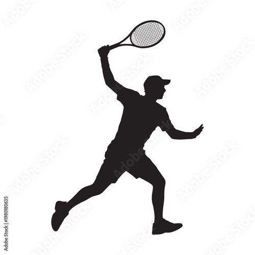 Tennis player hitting forehand shot, black silhouette on white background.