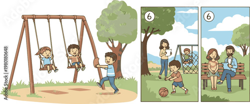 Family activities at home: play, work, study, relax - diverse illustrated scenes
