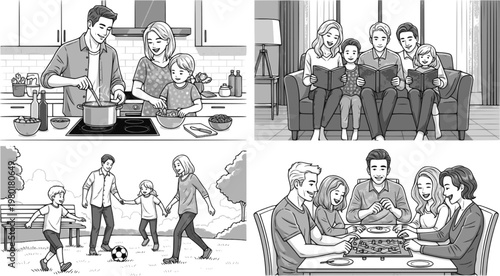 Family activities at home: play, work, study, relax - diverse illustrated scenes
