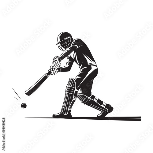 Cricket player hitting ball, action silhouette outdoor sports game.