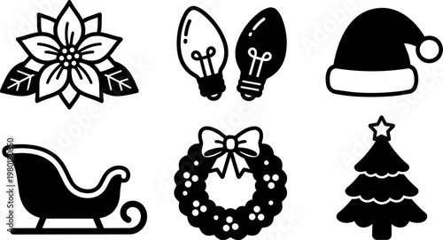 Black and white christmas wreath tree sleigh poinsettia hat and lights icons