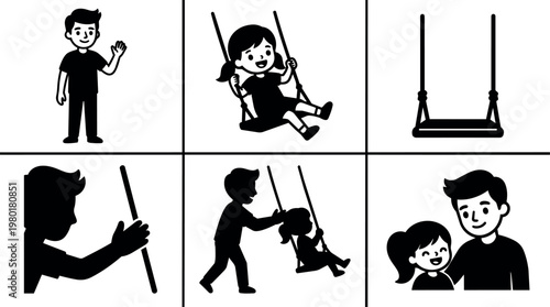 Black and white children playing on swing and boy waving vector art set