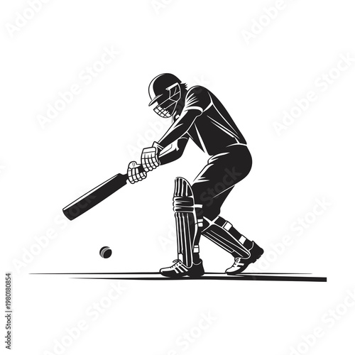 Cricket player hitting ball, action silhouette outdoor sports recreation.