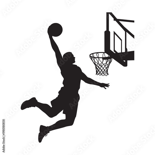 Basketball player silhouette dunking ball into hoop in sports arena.