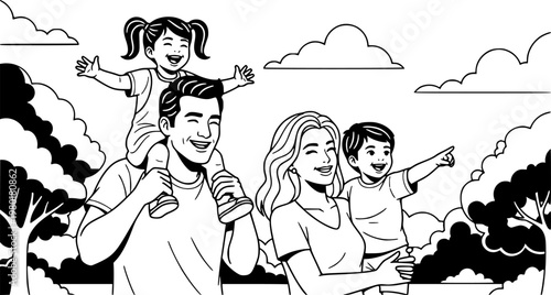 Doodle illustrations of family activities with children in everyday life

