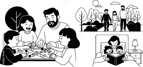 Doodle illustrations of family activities with children in everyday life
