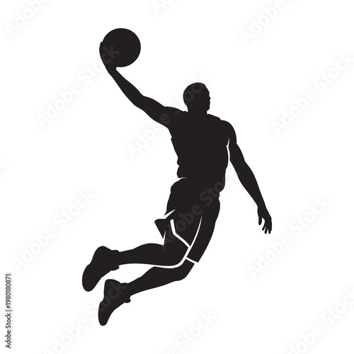 Professional basketball athlete jumping high with ball for slam dunk.
