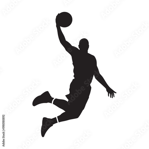 Iconic basketball player silhouette jump shot action vector element.