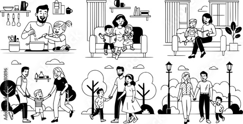 Doodle illustrations of family activities with children in everyday life
