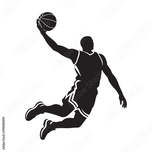 Stylized basketball player silhouette performing powerful slam dunk.