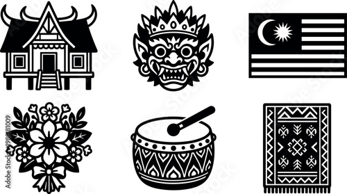 Black and white traditional malaysia cultural symbols vector art line icons