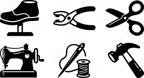 Black and white icons of shoe last nail puller scissors sewing machine needle and hammer tools