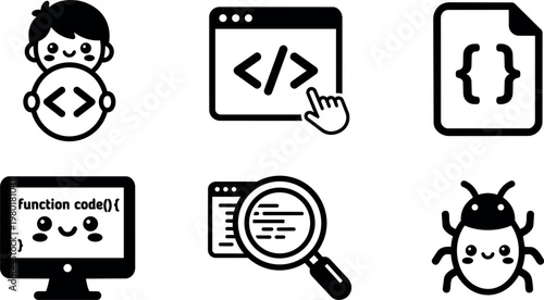 Cute cartoon coding icons with code symbols and bug illustration