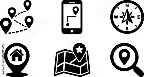 Black and white navigation icons set with map phone and compass symbols