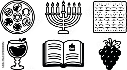 Black and white seder plate menorah matzah wine glass open passover haggadah grapes vector art