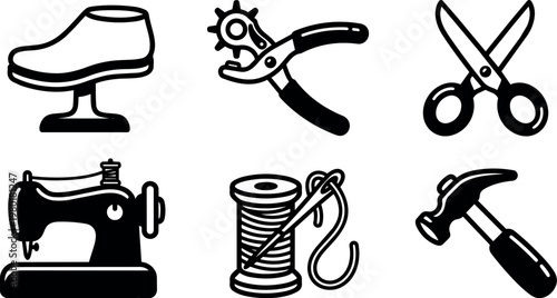 Black and white sewing tools icons with shoe last and hammer illustration