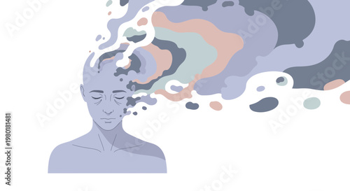 Illustration of a person with swirling colorful smoke emanating from their head, symbolizing thoughts or ideas