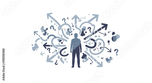 Navigating complex decisions and the overwhelming paths of life's choices with a central figure surrounded by arrows and question marks symbolizing confusion and deliberation