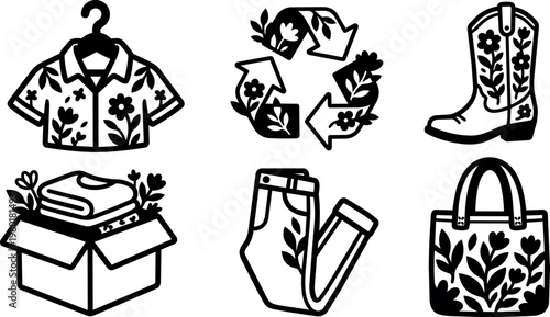 Black and white floral clothing icons set with boots bag recycle and box
