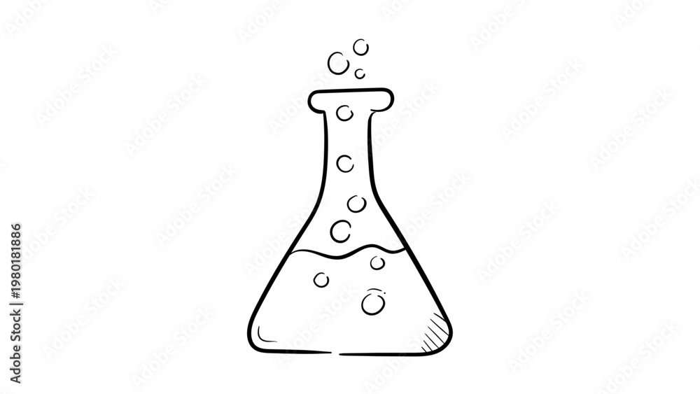 Αυτοκόλλητο Minimalist hand-drawn Erlenmeyer flask vector icon illustration featuring a bubbling chemical reaction in a laboratory beaker, clean black line art outline isolated on a white background