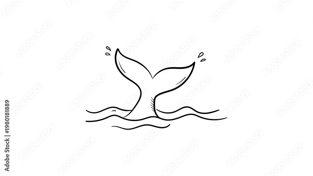 Αυτοκόλλητο Minimalist black line vector icon of a whale tail fluke emerging from ocean waves, hand-drawn illustration on a white background, scalable nautical marine life symbol for logo or web design